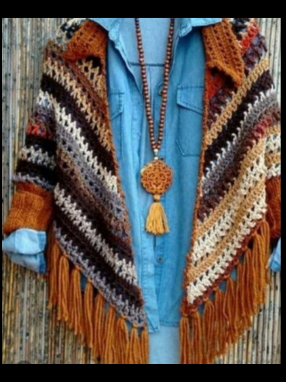 Boho Fringe Open Knit Cardigan Sweater - Rust Multi It Hand Made